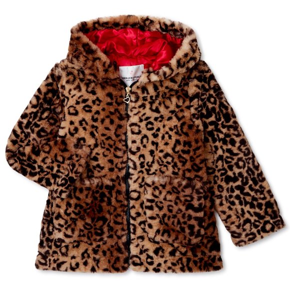 New Girls' Faux Fur Leopard Hooded Zip-Up Coat.
